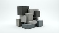 Abstract geometric composition of stacked concrete cubes in various gray tones creating modern minimalist sculpture on white background for design projects.