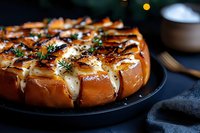 Pull-apart bread filled with melted cheese, garlic, and fresh herbs on dark plate, close-up view with selective focus showing golden brown crust and aromatic seasoning.