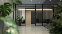 Modern office entrance with glass walls, wooden door and decorative plants creating welcoming corporate environment. Minimalist design with ambient lighting for business interior.