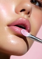 Close-up of glossy pink lips with makeup brush applying lipstick on Asian female model face against pink background, showing professional cosmetic application technique.