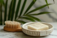 Natural soap bar and wooden brush in ceramic dish with tropical palm leaf creating spa atmosphere for skincare and wellness routines.