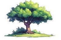 Lush green cartoon tree with dense foliage and sturdy brown trunk standing alone on grassy patch, suitable for children's book illustrations or game environments.