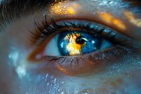 Close-up of a human eye with striking blue iris and golden light reflections, featuring detailed eyelashes and skin texture. Suitable for healthcare, vision, ophthalmology, and wellness marketing materials.