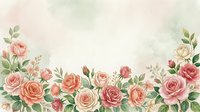 Watercolor roses in shades of pink, coral, and peach with green foliage arranged along bottom border on soft neutral background. Suitable for wedding invitations, greeting cards, and floral design projects.