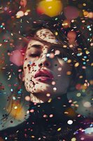 Young woman with closed eyes and red lips surrounded by colorful confetti and bokeh lights creating dreamy atmospheric portrait with festive mood.
