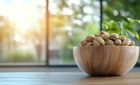 Fresh pistachios in wooden bowl on rustic table near window with natural sunlight and green bokeh background, decorated with leaves.