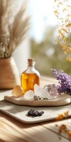 Natural healing crystals and essential oil bottle arranged with dried flowers and lavender on wooden board, soft morning light creates peaceful spa atmosphere.