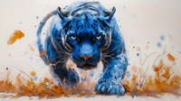 Fierce blue tiger with glowing eyes stalking through orange splashes and watercolor effects, artistic wildlife illustration on light background.