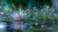 Delicate water lily blooming on tranquil pond surface with magical bokeh lights and water drops, creating dreamy atmosphere in soft blue and pink tones.