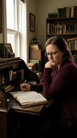 Thoughtful middle-aged Caucasian woman with glasses writing in a journal at a vintage wooden desk surrounded by old books.