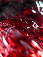 Dynamic splash of deep red liquid with air bubbles creating abstract wave pattern against dark background, macro photography highlighting transparent fluid motion and light reflections.