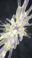 Luminous abstract organism with flowing tentacle-like structures in purple and yellow neon tones against dark background, suitable for sci-fi and digital art projects.