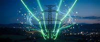 Electric power transmission tower with glowing green energy beams and digital network connections against twilight sky representing smart grid technology.