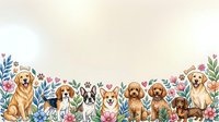 Isolated group of various dog breeds and colorful flowers on white background, ready for pet-related designs, greeting cards, and children's illustrations.