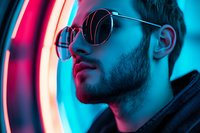 Young bearded man in round sunglasses illuminated by vibrant neon lights creating dramatic cyberpunk atmosphere with blue and red color scheme. Modern urban nightlife portrait.