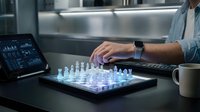 Businessman playing futuristic holographic chess game with glowing pieces on digital board in modern office workspace for strategic thinking concepts.