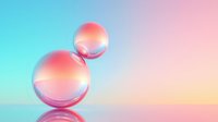 Translucent glass spheres balanced in surreal composition against pastel gradient background, creating ethereal minimalist scene with soft pink and blue tones.