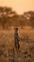 Meerkat standing upright in golden savanna grassland during warm sunset light with blurred acacia trees creating natural wildlife habitat background.