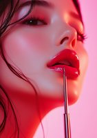 Close-up portrait of Asian woman with bright red lipstick and makeup brush against pink background, dramatic lighting highlighting glossy lips and flawless skin.