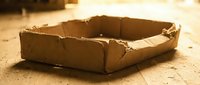 Empty worn cardboard box on wooden floor with warm sunlight creating dramatic shadows and golden hour lighting atmosphere.