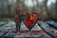 Rustic wooden figure leaning against heart shape on railway tracks with red scattered petals, creating romantic atmospheric scene in soft focus background.