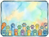 Colorful paw prints in watercolor style arranged in a row against a soft gradient sky background. Isolated design element suitable for pet-related projects, merchandise, and greeting cards.