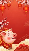 Festive pig in traditional costume with red lanterns and cherry blossoms on red background for lunar new year celebration and holiday greeting cards.