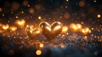Golden heart shapes glowing on dark glittery surface with magical bokeh lights and sparkles in romantic atmosphere, suitable for Valentine's Day designs and love themes.