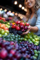 Young mixed race woman holding fresh berries at farmers market with colorful produce display and bokeh lights. Focus on strawberries and blackberries.