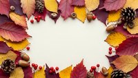 Autumn leaves frame with colorful foliage, pine cones, acorns and red berries on white background. Seasonal fall border for thanksgiving greeting cards.