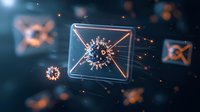 Futuristic digital mail envelopes with glowing particles in dark blue space, representing electronic communication and data transfer technology.
