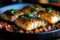 Pan seared cod fillets with crispy seasoned crust served on colorful vegetable salsa bed featuring diced tomatoes, herbs and spices in cast iron skillet, macro food photography.