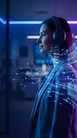 Young woman wearing headphones with digital network connections and light trails in futuristic neon-lit environment for technology and communication concepts.