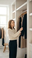 Young Caucasian woman selecting clothes from organized walk-in closet wardrobe, morning routine lifestyle concept for home organization and fashion.