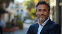 Confident mature businessman with salt and pepper beard smiling outdoors in urban setting, portraying success and approachability for corporate marketing.