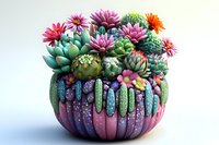 Colorful succulent garden in decorative rainbow striped ceramic pot with glitter accents. Pink and purple flowers bloom among green rosettes on white background.