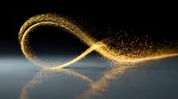 Golden particle wave flowing in elegant curve with sparkling dust trail on reflective surface creating luxury abstract motion background for premium design.