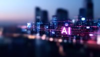 Futuristic cityscape with glowing AI text against blurred urban skyline at dusk, featuring modern skyscrapers and digital technology elements in purple and blue tones.