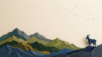 Silhouette of a goat standing on layered mountain ridges in shades of blue, gold, and green with scattered stars in warm beige sky, suitable for nature and wildlife designs.