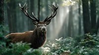 Majestic red deer stag with impressive antlers standing in misty forest clearing with dramatic sunlight filtering through trees creating atmospheric woodland scene.