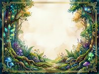 Enchanted forest pathway with glowing mushrooms, ancient trees, and magical lights framing a sunlit clearing, perfect for fantasy game backgrounds and storybook illustrations.