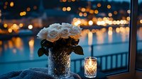 White roses in crystal vase next to glowing candle on windowsill at dusk, with blurred city lights and water reflections creating romantic evening ambiance.