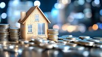 Wooden house model surrounded by stacks of coins on reflective surface with bokeh lights background representing real estate investment and savings.