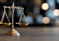 Decorative brass scales of justice on dark background with bokeh lights, symbol of law and legal system, balanced empty weighing plates.