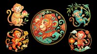 Cute monkey characters in orange and gold tones, isolated on transparent background. Ready for t-shirt design, clipart, stickers, print-on-demand products, and sublimation projects.