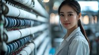 Young Asian woman in white lab coat working in modern industrial facility with rows of technical equipment and bokeh lights in background.