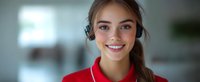 Young female customer service representative wearing red polo shirt and headset smiling at camera in modern office environment. Professional workplace portrait.