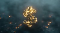 Glowing golden dollar symbol with sparkles floating against dark background, luminous financial concept with magical light particles and bokeh effect.