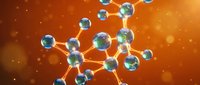 Molecular structure with connected atoms and bonds on warm orange background for scientific research, chemistry education and biotechnology presentations.