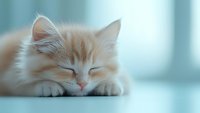 Sleeping ginger kitten with long fur resting peacefully on light surface against soft blue background. Close up portrait showing relaxed expression and fluffy fur.